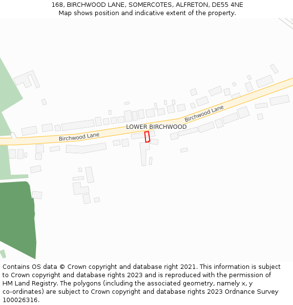 168, BIRCHWOOD LANE, SOMERCOTES, ALFRETON, DE55 4NE: Location map and indicative extent of plot