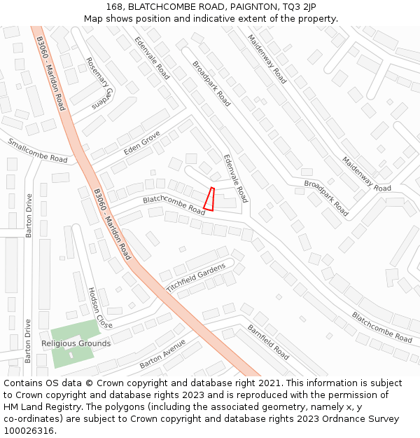168, BLATCHCOMBE ROAD, PAIGNTON, TQ3 2JP: Location map and indicative extent of plot
