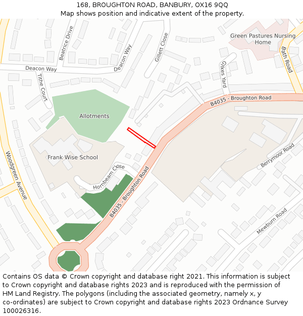 168, BROUGHTON ROAD, BANBURY, OX16 9QQ: Location map and indicative extent of plot