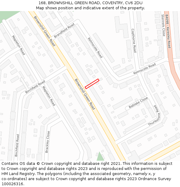 168, BROWNSHILL GREEN ROAD, COVENTRY, CV6 2DU: Location map and indicative extent of plot
