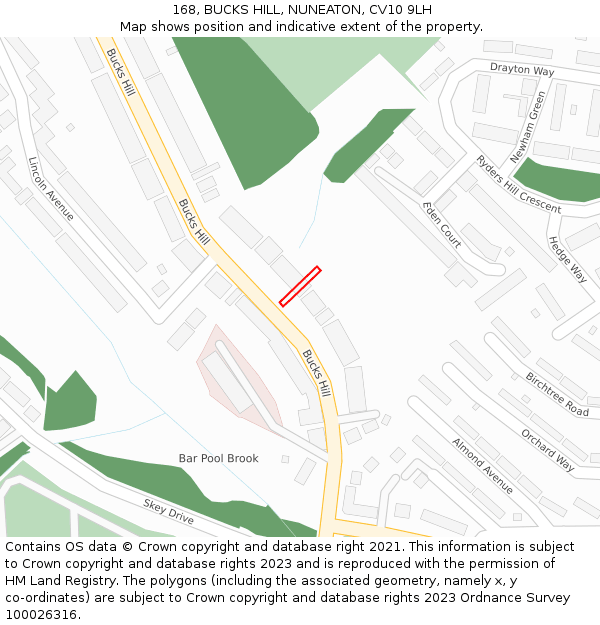 168, BUCKS HILL, NUNEATON, CV10 9LH: Location map and indicative extent of plot