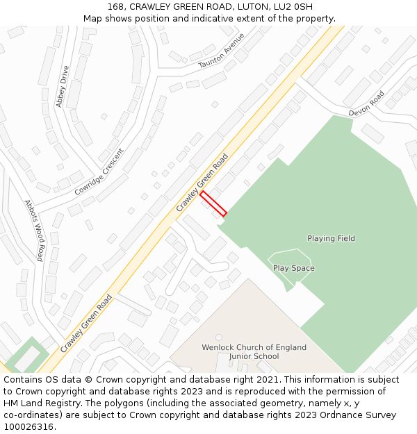 168, CRAWLEY GREEN ROAD, LUTON, LU2 0SH: Location map and indicative extent of plot