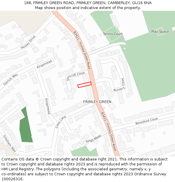 168, FRIMLEY GREEN ROAD, FRIMLEY GREEN, CAMBERLEY, GU16 6NA: Location map and indicative extent of plot