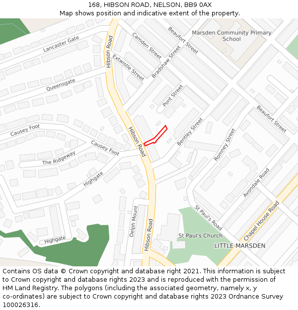 168, HIBSON ROAD, NELSON, BB9 0AX: Location map and indicative extent of plot