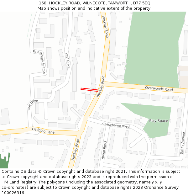 168, HOCKLEY ROAD, WILNECOTE, TAMWORTH, B77 5EQ: Location map and indicative extent of plot
