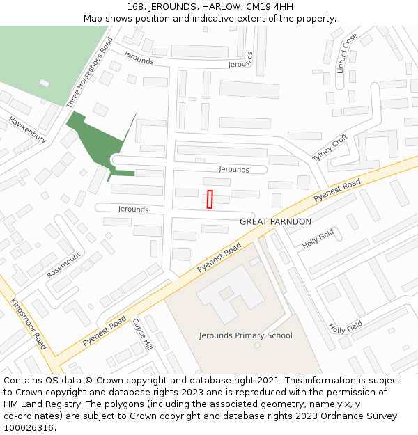 168, JEROUNDS, HARLOW, CM19 4HH: Location map and indicative extent of plot