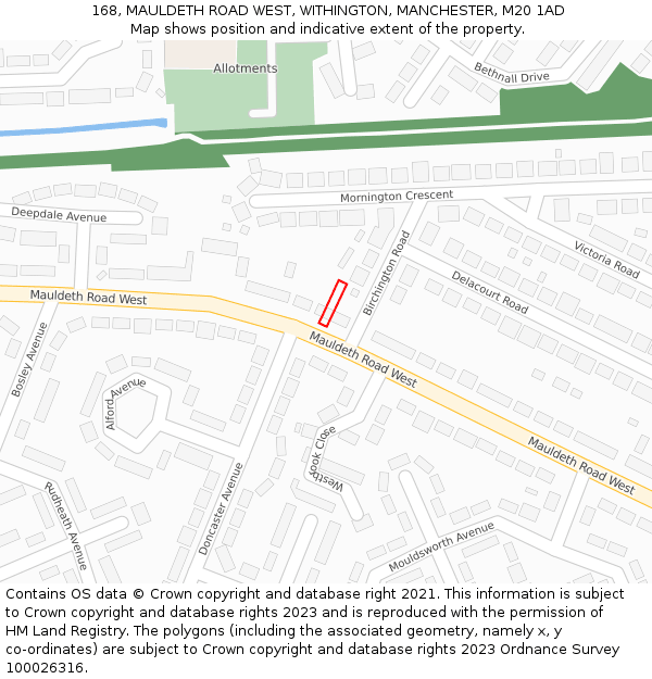 168, MAULDETH ROAD WEST, WITHINGTON, MANCHESTER, M20 1AD: Location map and indicative extent of plot