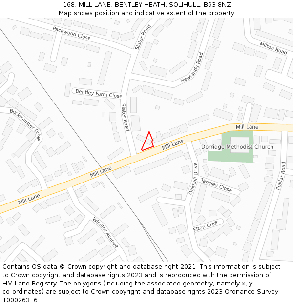 168, MILL LANE, BENTLEY HEATH, SOLIHULL, B93 8NZ: Location map and indicative extent of plot