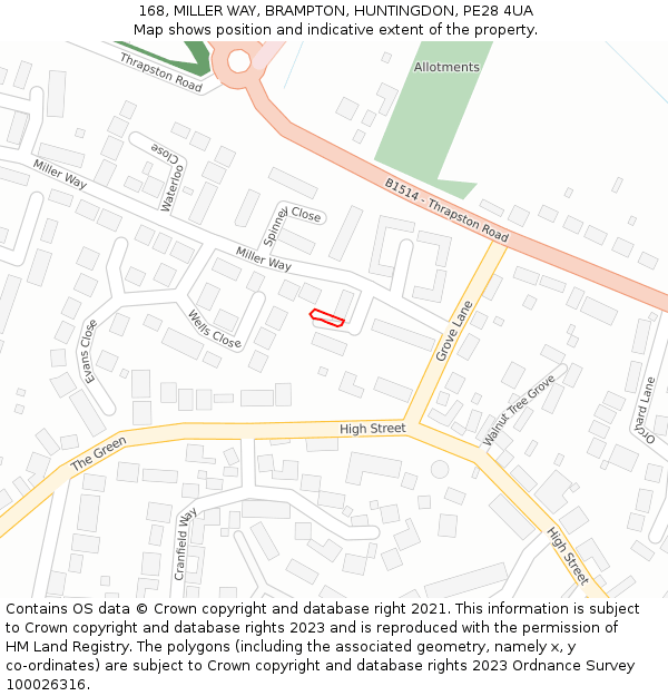 168, MILLER WAY, BRAMPTON, HUNTINGDON, PE28 4UA: Location map and indicative extent of plot