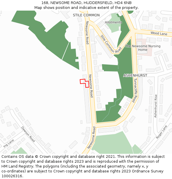 168, NEWSOME ROAD, HUDDERSFIELD, HD4 6NB: Location map and indicative extent of plot