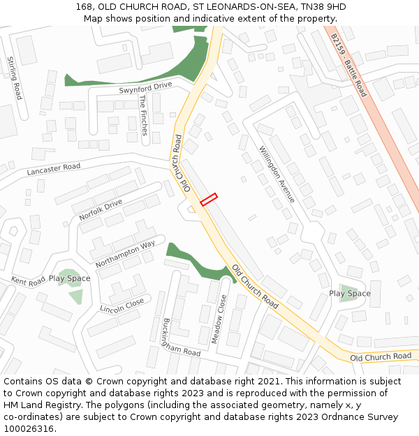 168, OLD CHURCH ROAD, ST LEONARDS-ON-SEA, TN38 9HD: Location map and indicative extent of plot