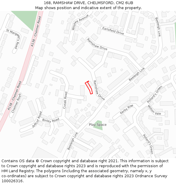168, RAMSHAW DRIVE, CHELMSFORD, CM2 6UB: Location map and indicative extent of plot