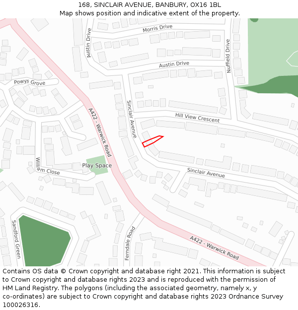168, SINCLAIR AVENUE, BANBURY, OX16 1BL: Location map and indicative extent of plot