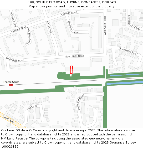 168, SOUTHFIELD ROAD, THORNE, DONCASTER, DN8 5PB: Location map and indicative extent of plot