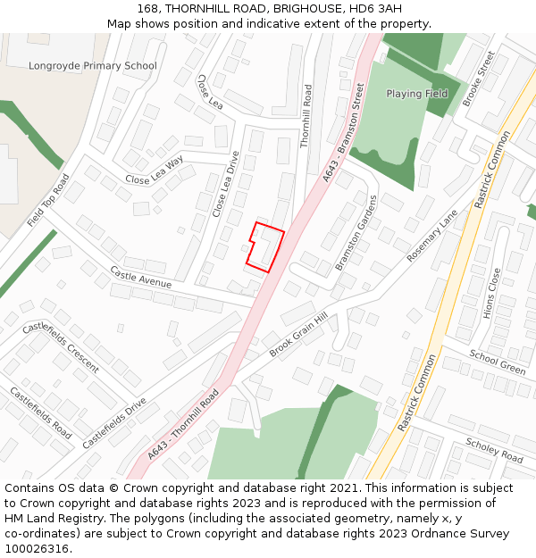 168, THORNHILL ROAD, BRIGHOUSE, HD6 3AH: Location map and indicative extent of plot
