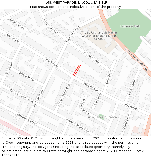 168, WEST PARADE, LINCOLN, LN1 1LF: Location map and indicative extent of plot