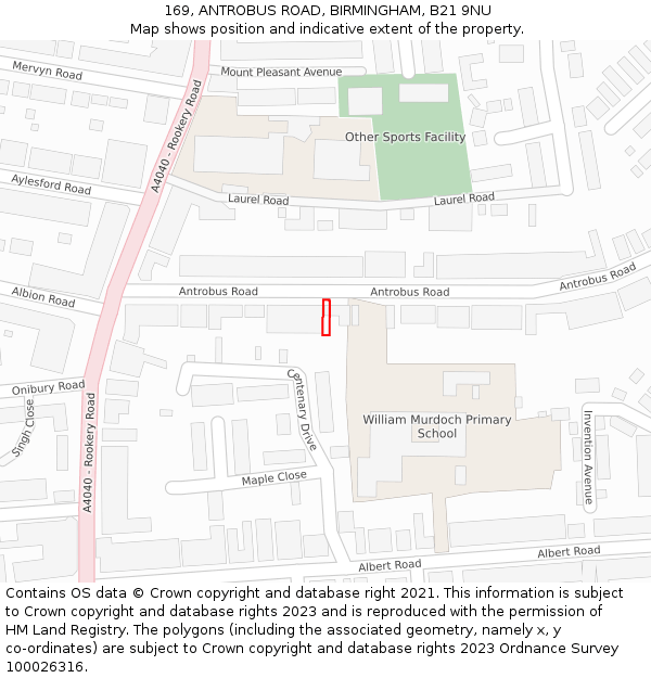 169, ANTROBUS ROAD, BIRMINGHAM, B21 9NU: Location map and indicative extent of plot