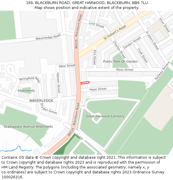 169, BLACKBURN ROAD, GREAT HARWOOD, BLACKBURN, BB6 7LU: Location map and indicative extent of plot
