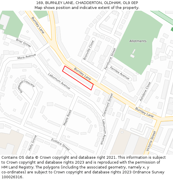 169, BURNLEY LANE, CHADDERTON, OLDHAM, OL9 0EP: Location map and indicative extent of plot