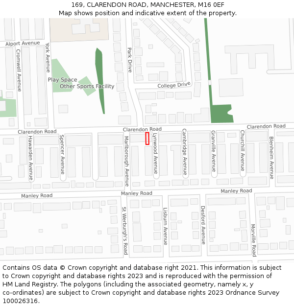169, CLARENDON ROAD, MANCHESTER, M16 0EF: Location map and indicative extent of plot