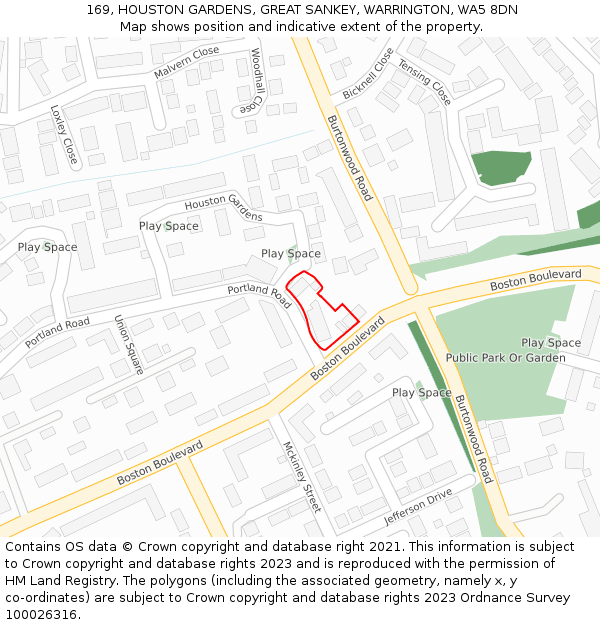 169, HOUSTON GARDENS, GREAT SANKEY, WARRINGTON, WA5 8DN: Location map and indicative extent of plot