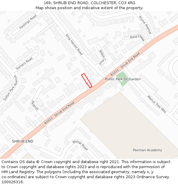 169, SHRUB END ROAD, COLCHESTER, CO3 4RG: Location map and indicative extent of plot