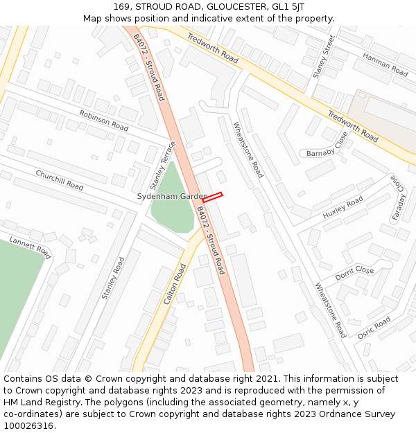 169, STROUD ROAD, GLOUCESTER, GL1 5JT: Location map and indicative extent of plot