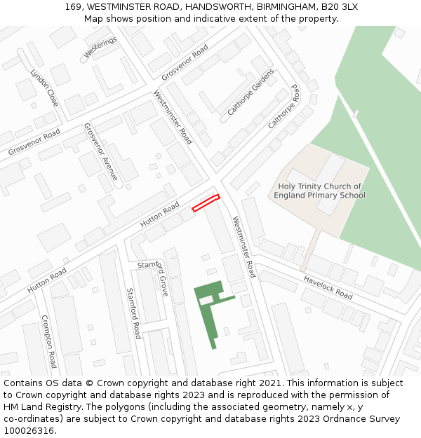 169, WESTMINSTER ROAD, HANDSWORTH, BIRMINGHAM, B20 3LX: Location map and indicative extent of plot