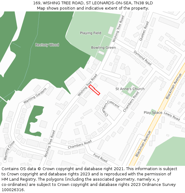 169, WISHING TREE ROAD, ST LEONARDS-ON-SEA, TN38 9LD: Location map and indicative extent of plot