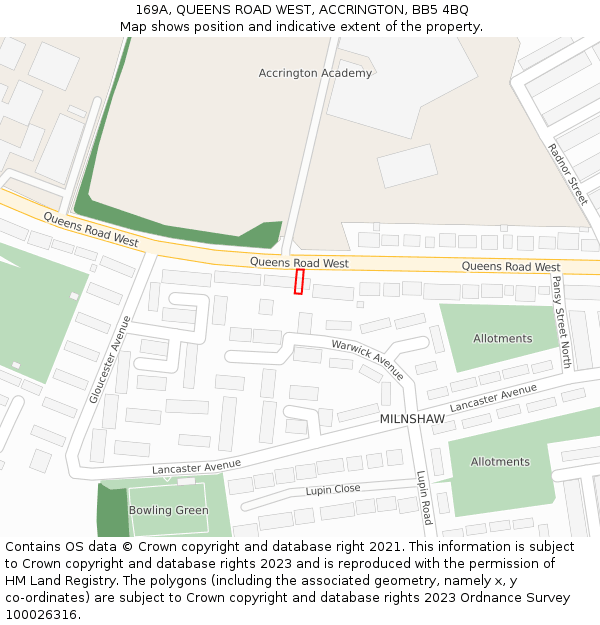169A, QUEENS ROAD WEST, ACCRINGTON, BB5 4BQ: Location map and indicative extent of plot