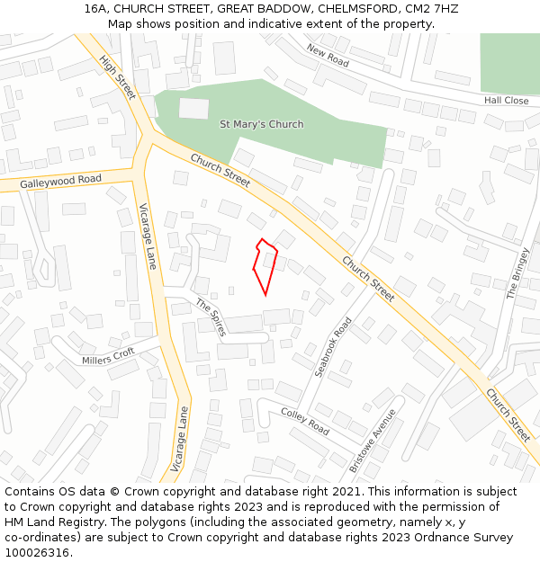 16A, CHURCH STREET, GREAT BADDOW, CHELMSFORD, CM2 7HZ: Location map and indicative extent of plot