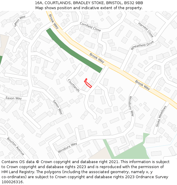 16A, COURTLANDS, BRADLEY STOKE, BRISTOL, BS32 9BB: Location map and indicative extent of plot