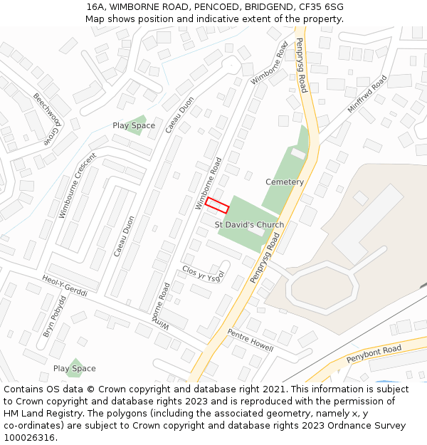 16A, WIMBORNE ROAD, PENCOED, BRIDGEND, CF35 6SG: Location map and indicative extent of plot