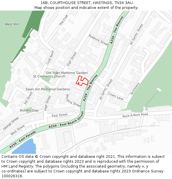 16B, COURTHOUSE STREET, HASTINGS, TN34 3AU: Location map and indicative extent of plot