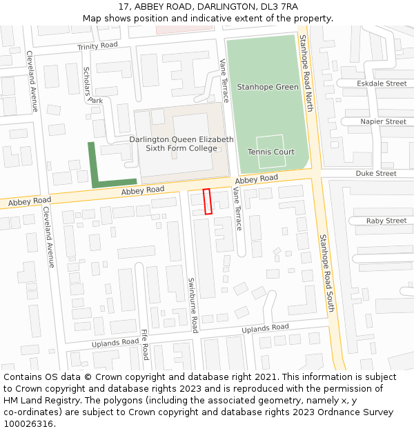 17, ABBEY ROAD, DARLINGTON, DL3 7RA: Location map and indicative extent of plot