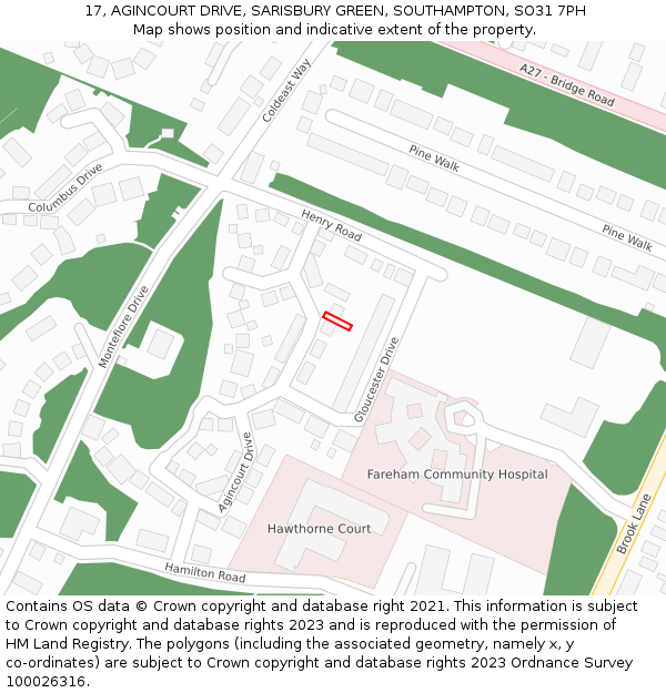 17, AGINCOURT DRIVE, SARISBURY GREEN, SOUTHAMPTON, SO31 7PH: Location map and indicative extent of plot