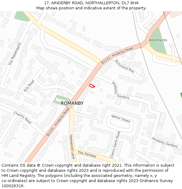 17, AINDERBY ROAD, NORTHALLERTON, DL7 8HA: Location map and indicative extent of plot