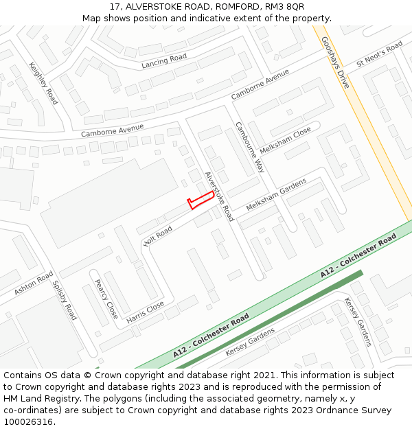 17, ALVERSTOKE ROAD, ROMFORD, RM3 8QR: Location map and indicative extent of plot