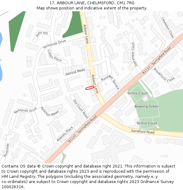 17, ARBOUR LANE, CHELMSFORD, CM1 7RG: Location map and indicative extent of plot