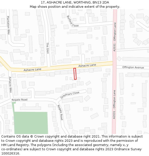 17, ASHACRE LANE, WORTHING, BN13 2DA: Location map and indicative extent of plot