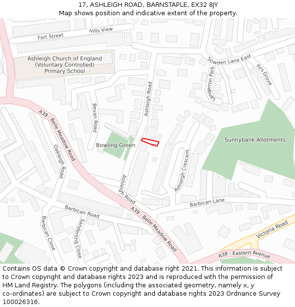 17, ASHLEIGH ROAD, BARNSTAPLE, EX32 8JY: Location map and indicative extent of plot
