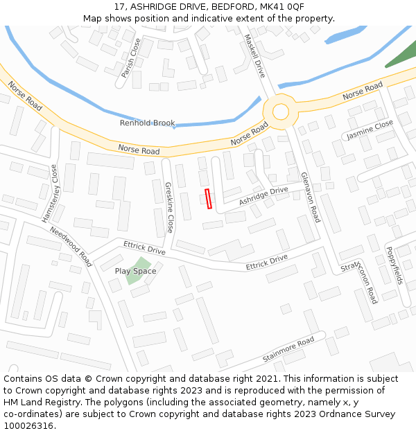 17, ASHRIDGE DRIVE, BEDFORD, MK41 0QF: Location map and indicative extent of plot