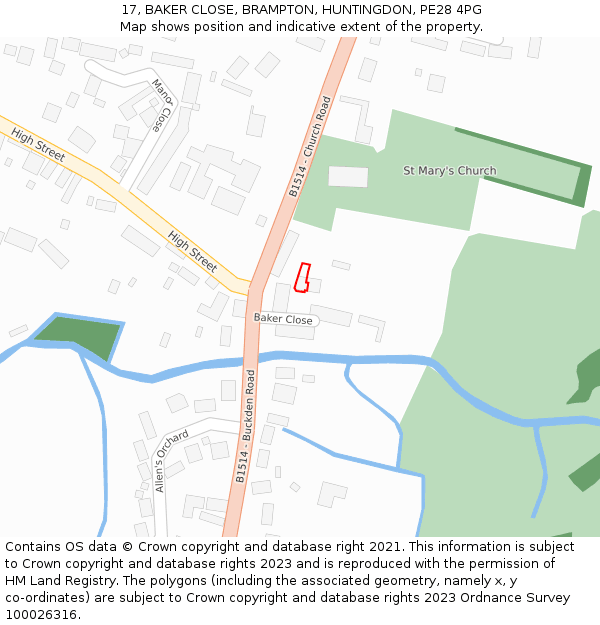 17, BAKER CLOSE, BRAMPTON, HUNTINGDON, PE28 4PG: Location map and indicative extent of plot