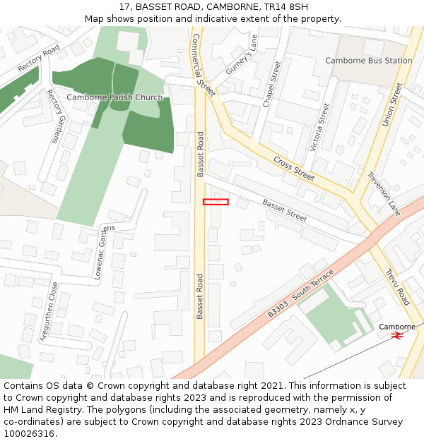 17, BASSET ROAD, CAMBORNE, TR14 8SH: Location map and indicative extent of plot