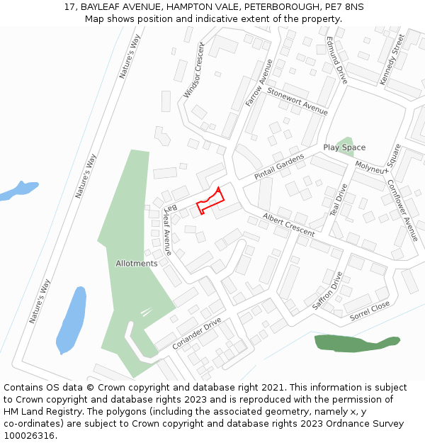 17, BAYLEAF AVENUE, HAMPTON VALE, PETERBOROUGH, PE7 8NS: Location map and indicative extent of plot