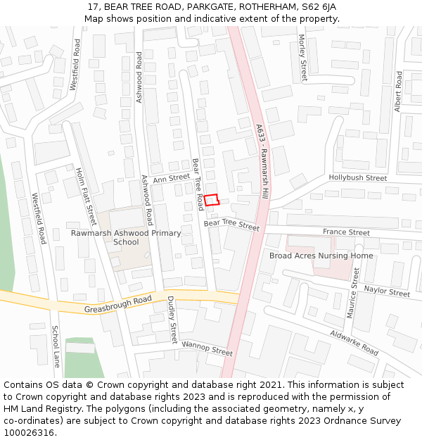 17, BEAR TREE ROAD, PARKGATE, ROTHERHAM, S62 6JA: Location map and indicative extent of plot
