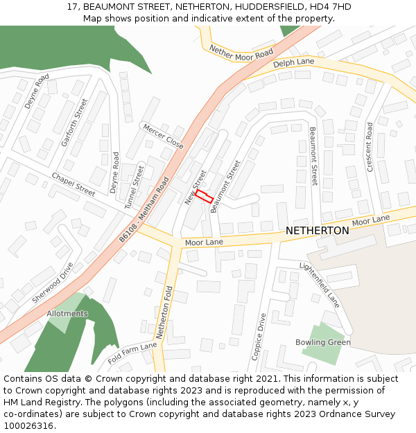 17, BEAUMONT STREET, NETHERTON, HUDDERSFIELD, HD4 7HD: Location map and indicative extent of plot