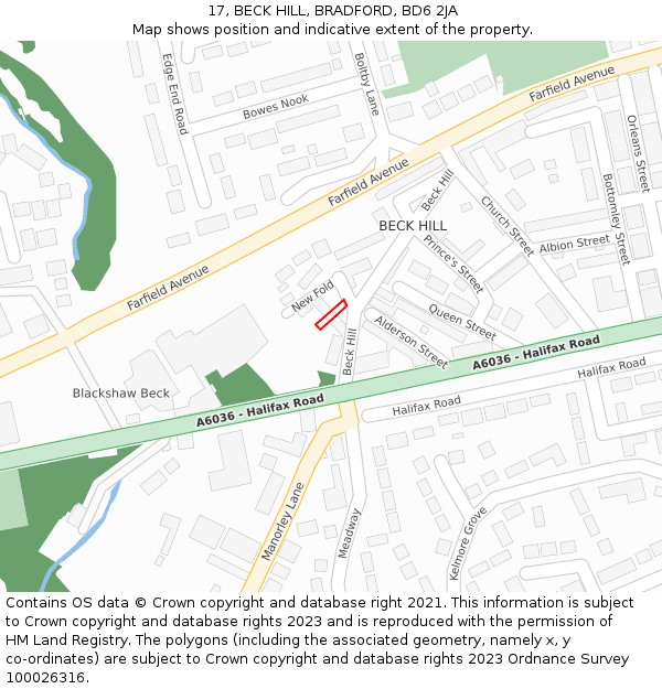 17, BECK HILL, BRADFORD, BD6 2JA: Location map and indicative extent of plot