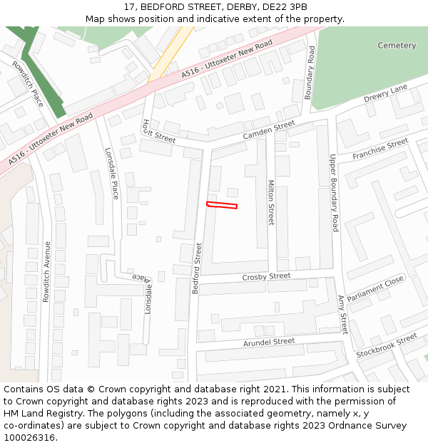 17, BEDFORD STREET, DERBY, DE22 3PB: Location map and indicative extent of plot