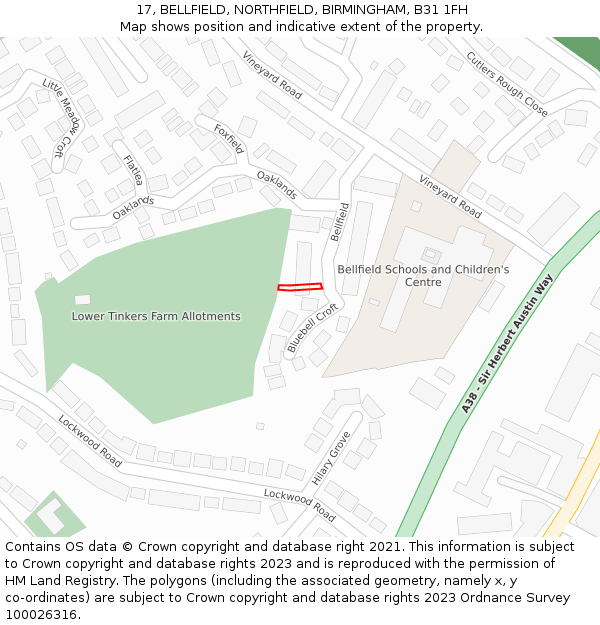 17, BELLFIELD, NORTHFIELD, BIRMINGHAM, B31 1FH: Location map and indicative extent of plot